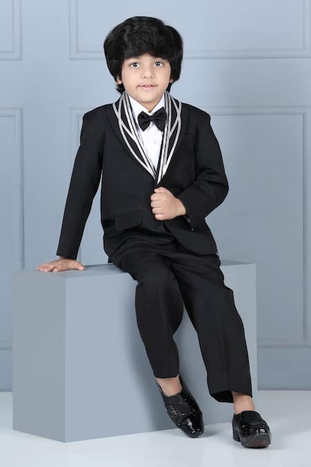 Shop_The Little Celebs_Black Crepe, Satin Solid Tuxedo Set _Online_at_Aza_Fashions