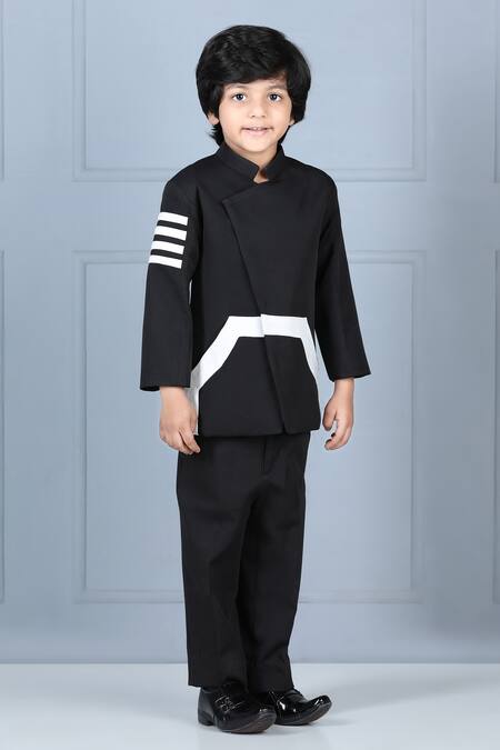 The Little Celebs_Black Crepe, Satin Solid Bandhgala Set _Online_at_Aza_Fashions
