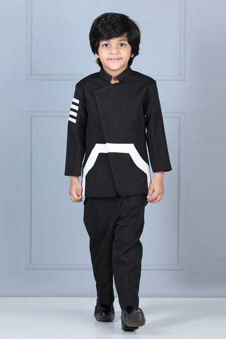 Buy_The Little Celebs_Black Crepe, Satin Solid Bandhgala Set _Online_at_Aza_Fashions