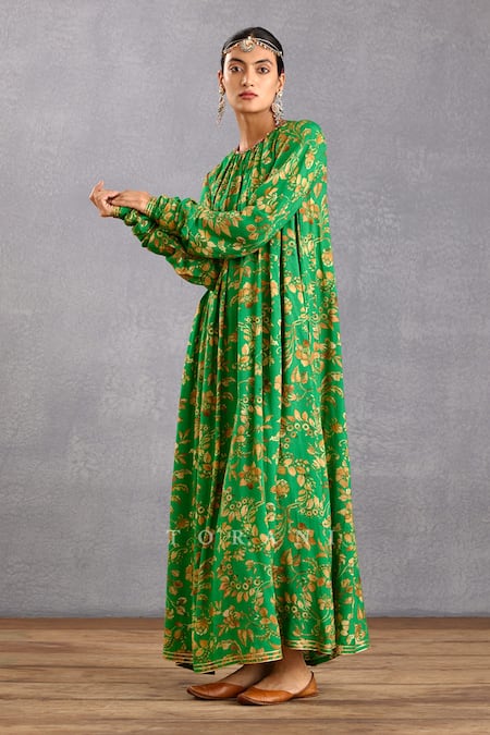 Torani_Green Silk Lace Round Neck Rang Naaz Amrut Maxi Dress _Online_at_Aza_Fashions