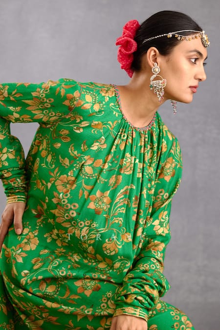 Buy_Torani_Green Silk Lace Round Neck Rang Naaz Amrut Maxi Dress _Online_at_Aza_Fashions