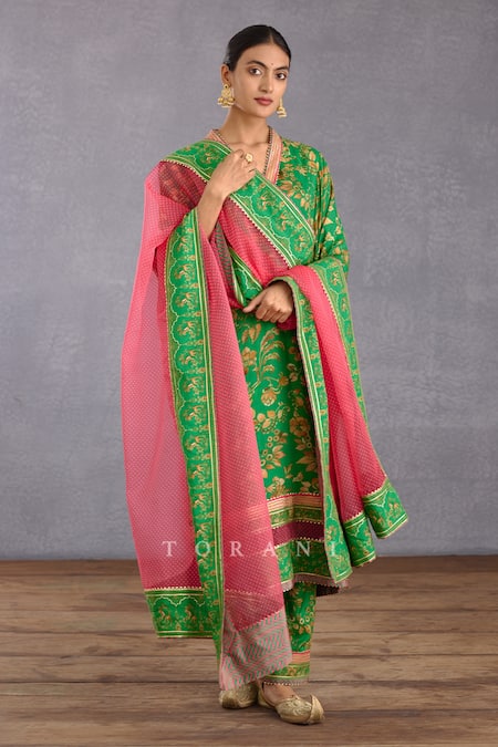Torani_Green Silk, Chiffon Gota Patti, Lace, Tassels Rang Naaz Barkha Kurta Pant Set _at_Aza_Fashions