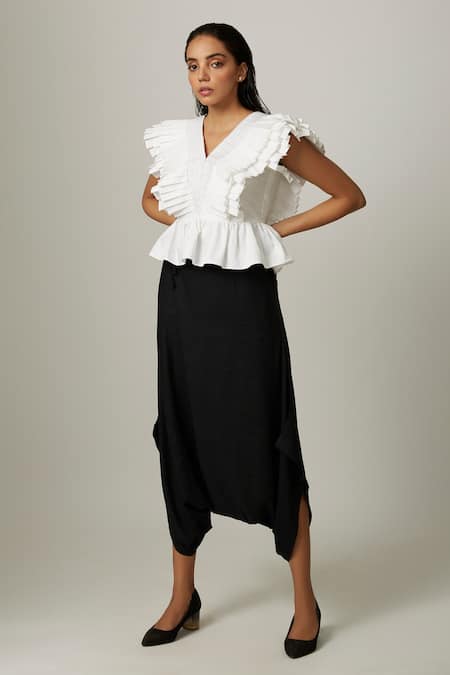 Buy_Escape By Aishwarya_White Cotton Satin Embroidery V-neck Pleated Drama Peplum Top _Online_at_Aza_Fashions