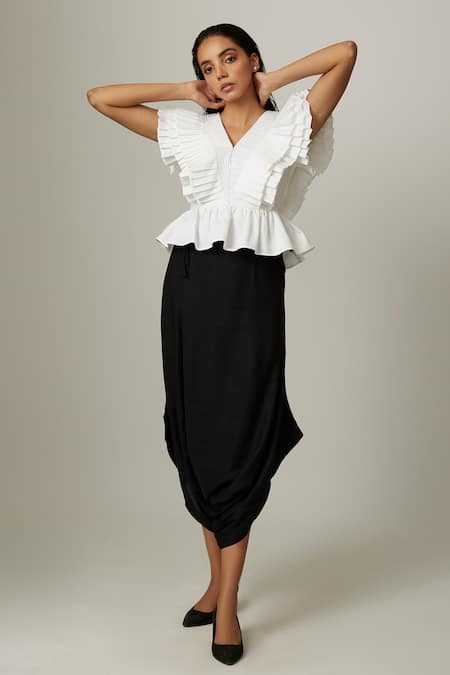 Shop_Escape By Aishwarya_White Cotton Satin Embroidery V-neck Pleated Drama Peplum Top _Online_at_Aza_Fashions