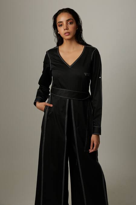 Escape By Aishwarya Black Cotton Satin Embroidery V-neck Stitchline Jumpsuit Online at Aza Fashions Escape By Aishwarya_Black Cotton Satin Embroidery V-neck Stitchline Jumpsuit _Online_at_Aza_Fashions