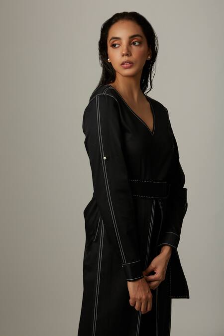 Buy Escape By Aishwarya Black Cotton Satin Embroidery V-neck Stitchline Jumpsuit Online at Aza Fashions Buy_Escape By Aishwarya_Black Cotton Satin Embroidery V-neck Stitchline Jumpsuit _Online_at_Aza_Fashions