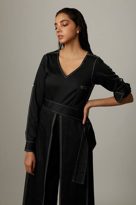 Escape By Aishwarya Black Cotton Satin Embroidery V-neck Stitchline Jumpsuit at Aza Fashions Escape By Aishwarya_Black Cotton Satin Embroidery V-neck Stitchline Jumpsuit _at_Aza_Fashions