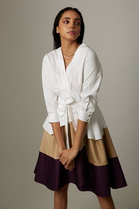 Buy_Escape By Aishwarya_Purple Cotton Satin V-neck Asymmetric High Low Tie Dress _Online_at_Aza_Fashions