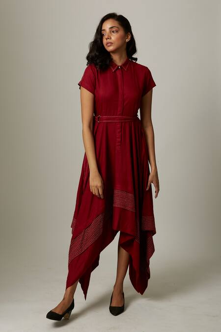 Shop_Escape By Aishwarya_Maroon Cotton Satin Embroidery Collared Up And Down Handkerchief Dress With Belt _Online_at_Aza_Fashions