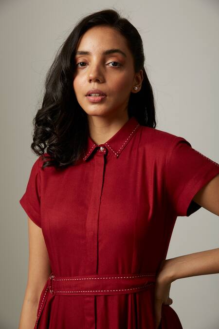 Escape By Aishwarya_Maroon Cotton Satin Embroidery Collared Up And Down Handkerchief Dress With Belt _at_Aza_Fashions