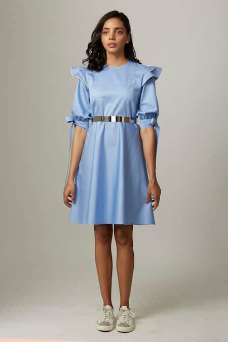 Escape By Aishwarya_Blue Cotton Satin Round Neck Drama Flare Knotted Dress _Online_at_Aza_Fashions