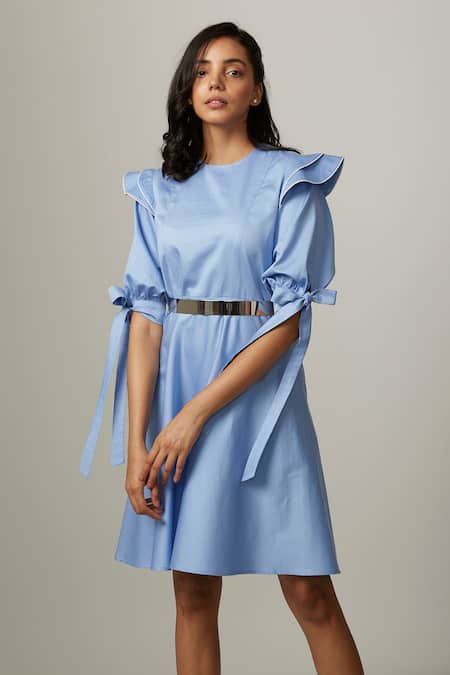 Buy_Escape By Aishwarya_Blue Cotton Satin Round Neck Drama Flare Knotted Dress _Online_at_Aza_Fashions