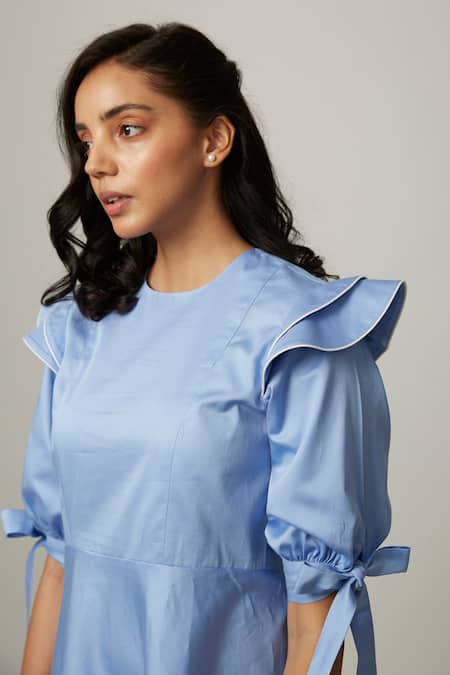 Shop_Escape By Aishwarya_Blue Cotton Satin Round Neck Drama Flare Knotted Dress _Online_at_Aza_Fashions