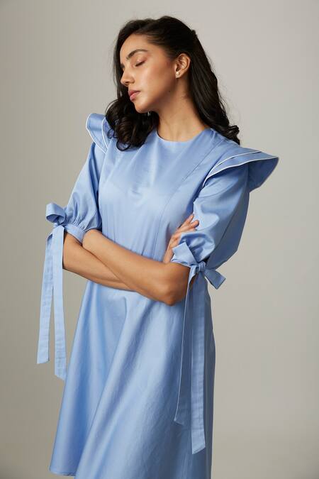 Escape By Aishwarya_Blue Cotton Satin Round Neck Drama Flare Knotted Dress _at_Aza_Fashions