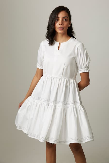 Escape By Aishwarya White Cotton Satin Embroidery Keyhole Neck Tiered Gathered Dress Online at Aza Fashions Escape By Aishwarya_White Cotton Satin Embroidery Keyhole Neck Tiered Gathered Dress _Online_at_Aza_Fashions