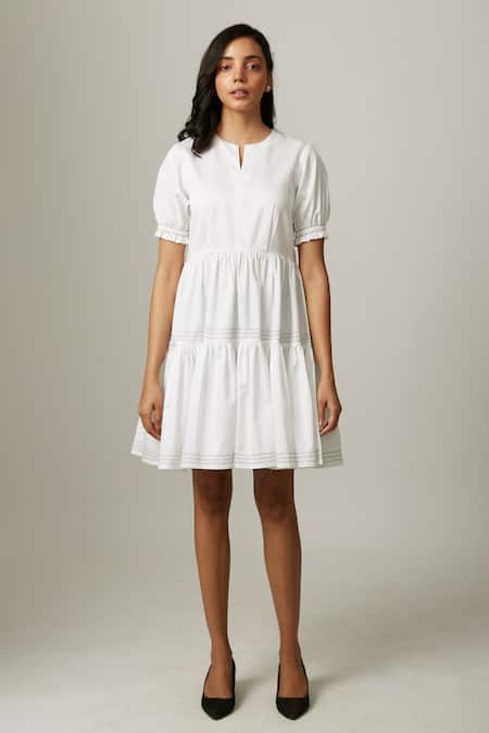 Buy Escape By Aishwarya White Cotton Satin Embroidery Keyhole Neck Tiered Gathered Dress Online at Aza Fashions Buy_Escape By Aishwarya_White Cotton Satin Embroidery Keyhole Neck Tiered Gathered Dress _Online_at_Aza_Fashions