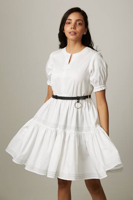 Stylish classic white cotton silk gathered dress with elegant embroide –  Sujatra