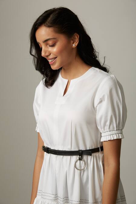 Escape By Aishwarya White Cotton Satin Embroidery Keyhole Neck Tiered Gathered Dress at Aza Fashions Escape By Aishwarya_White Cotton Satin Embroidery Keyhole Neck Tiered Gathered Dress _at_Aza_Fashions