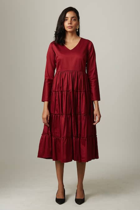 Escape By Aishwarya_Maroon Cotton Satin V-neck V Tiered Dress _Online_at_Aza_Fashions