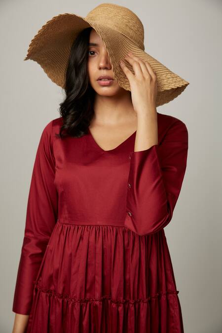 Buy_Escape By Aishwarya_Maroon Cotton Satin V-neck V Tiered Dress _Online_at_Aza_Fashions