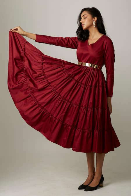 Shop_Escape By Aishwarya_Maroon Cotton Satin V-neck V Tiered Dress _Online_at_Aza_Fashions