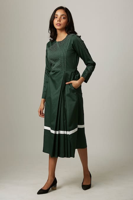 Buy Escape By Aishwarya Green Cotton Satin Embroidery Round Neck Long Sleeve Dress Online at Aza Fashions Buy_Escape By Aishwarya_Green Cotton Satin Embroidery Round Neck Long Sleeve Dress _Online_at_Aza_Fashions