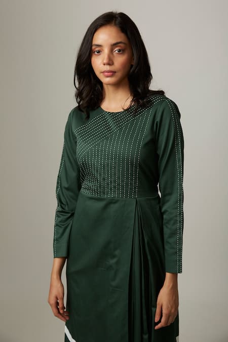Shop Escape By Aishwarya Green Cotton Satin Embroidery Round Neck Long Sleeve Dress Online at Aza Fashions Shop_Escape By Aishwarya_Green Cotton Satin Embroidery Round Neck Long Sleeve Dress _Online_at_Aza_Fashions