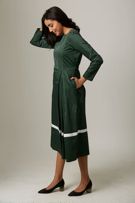 Escape By Aishwarya Green Cotton Satin Embroidery Round Neck Long Sleeve Dress at Aza Fashions Escape By Aishwarya_Green Cotton Satin Embroidery Round Neck Long Sleeve Dress _at_Aza_Fashions