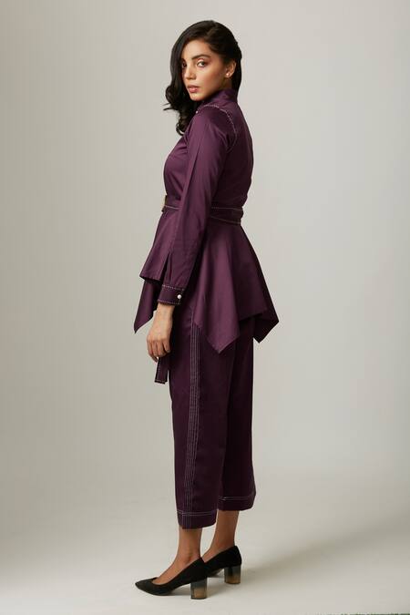 Escape By Aishwarya Purple Cotton Satin Collared Handkerchief Shirt Online at Aza Fashions Escape By Aishwarya_Purple Cotton Satin Collared Handkerchief Shirt _Online_at_Aza_Fashions