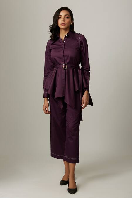 Shop Escape By Aishwarya Purple Cotton Satin Collared Handkerchief Shirt Online at Aza Fashions Shop_Escape By Aishwarya_Purple Cotton Satin Collared Handkerchief Shirt _Online_at_Aza_Fashions