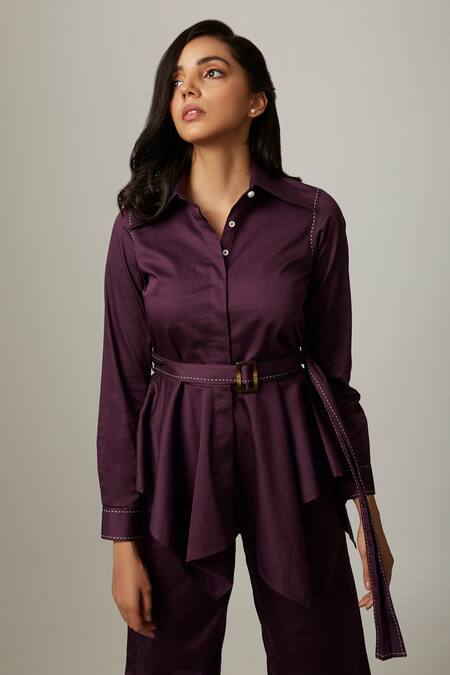 Escape By Aishwarya Purple Cotton Satin Collared Handkerchief Shirt at Aza Fashions Escape By Aishwarya_Purple Cotton Satin Collared Handkerchief Shirt _at_Aza_Fashions