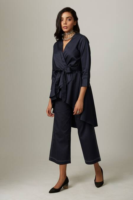 Escape By Aishwarya Blue Cotton Satin V-neck Asymmetric High Low Wrap Top Online at Aza Fashions Escape By Aishwarya_Blue Cotton Satin V-neck Asymmetric High Low Wrap Top _Online_at_Aza_Fashions