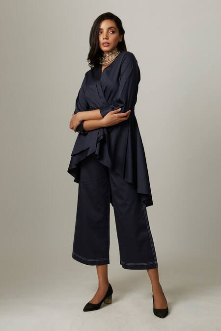 Buy Escape By Aishwarya Blue Cotton Satin V-neck Asymmetric High Low Wrap Top Online at Aza Fashions Buy_Escape By Aishwarya_Blue Cotton Satin V-neck Asymmetric High Low Wrap Top _Online_at_Aza_Fashions