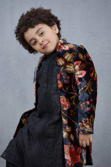 Shop_Torani_Black Jacket Silk Velvet Nisha Kshitij And Kurta Set  _Online_at_Aza_Fashions