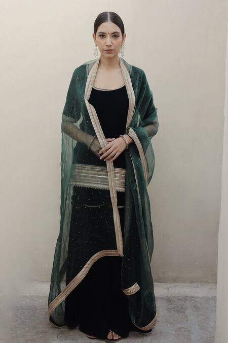 Shop_Shrutkirti_Green Silk, Velvet, Chiffon Sequins, Zoya Embellished Kurta Sharara Set_Online_at_Aza_Fashions