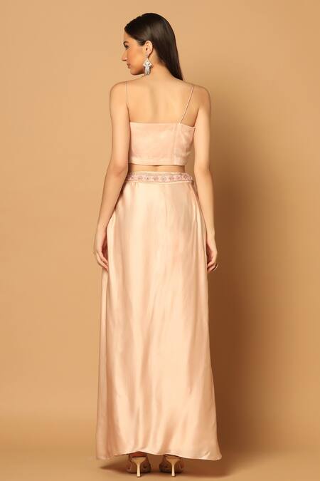 Buy_Two Sisters By Gyans_Peach Satin Embroidery Scoop Neck Floral Cape And Draped Skirt Set 