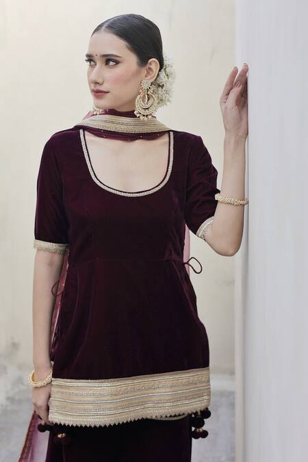 Shrutkirti_Maroon Silk, Velvet Embroidery Scoop Neck Zoya Straight Hem Kurta Sharara Set _Online_at_Aza_Fashions