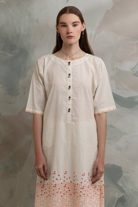 Buy_Banana Labs_Off White Cotton Printed Geometric Round Kurta Pant Set _Online_at_Aza_Fashions