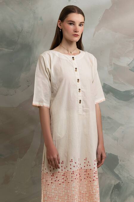 Shop_Banana Labs_Off White Cotton Printed Geometric Round Kurta Pant Set _Online_at_Aza_Fashions