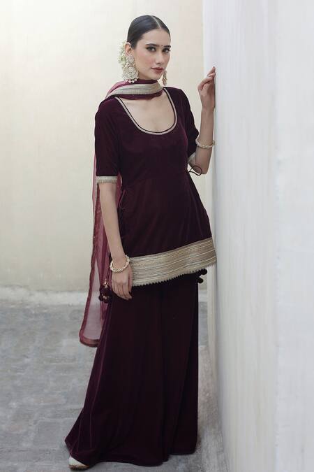 Buy_Shrutkirti_Maroon Silk, Velvet Embroidery Scoop Neck Zoya Straight Hem Kurta Sharara Set _Online_at_Aza_Fashions