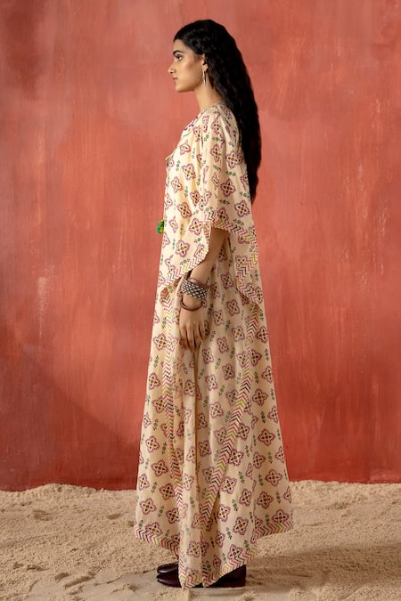 Amisha Kothari Beige Cotton, Silk Tassels, Embroidery Round Neck Ambika Printed Kaftan Online at Aza Fashions Amisha Kothari_Beige Cotton, Silk Tassels, Embroidery Round Neck Ambika Printed Kaftan _Online_at_Aza_Fashions