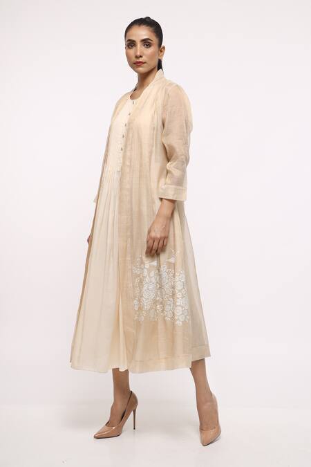Neeta Bhargava_Beige Organza, Tissue, Banana Fabric Midi Dress With Jacket _Online_at_Aza_Fashions