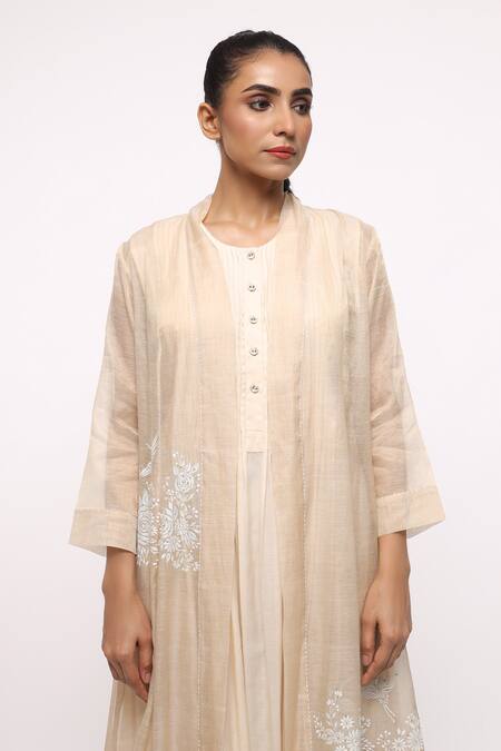 Shop_Neeta Bhargava_Beige Organza, Tissue, Banana Fabric Midi Dress With Jacket _Online_at_Aza_Fashions