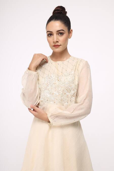 Neeta Bhargava_Beige Cotton Silk, Crepe Tissue Embroidered Kurta And Palazzo Set _Online_at_Aza_Fashions