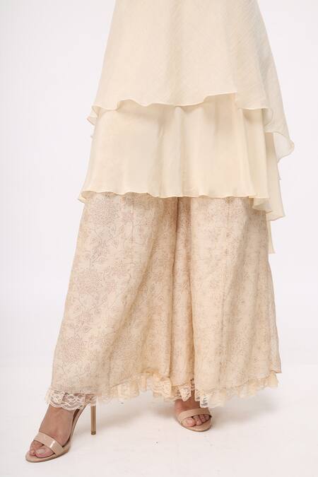 Shop_Neeta Bhargava_Beige Cotton Silk, Crepe Tissue Embroidered Kurta And Palazzo Set _Online_at_Aza_Fashions