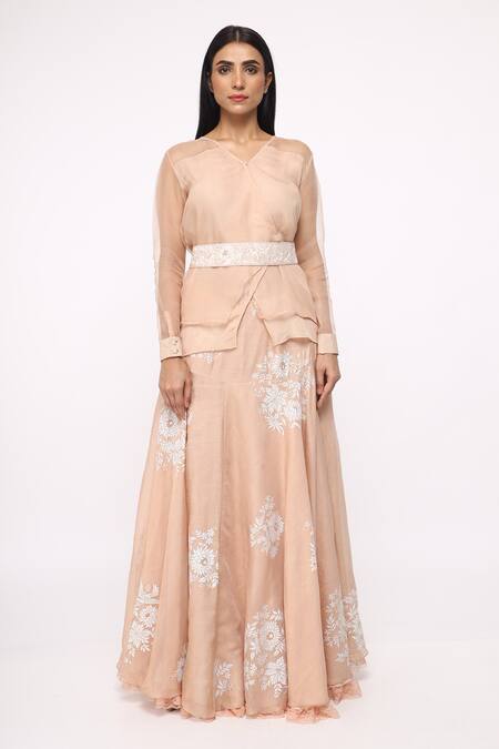 Buy_Neeta Bhargava_Beige Organza, Tissue, Crepe Hand-painted Lehenga Set _Online_at_Aza_Fashions