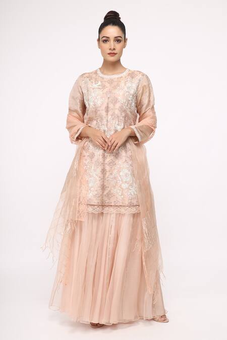 Neeta Bhargava_Beige Organza, Tissue Embroidered Kurta Set _Online_at_Aza_Fashions