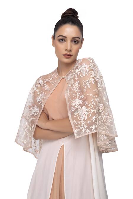 Neeta Bhargava_Beige Organza Silk Crepe Embroidered Cape Lehenga Set _at_Aza_Fashions