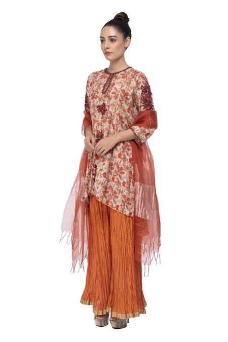 Neeta Bhargava_Beige Cotton Silk Printed Kurta Set_Online_at_Aza_Fashions