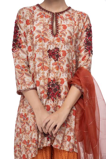 Buy_Neeta Bhargava_Beige Cotton Silk Printed Kurta Set_Online_at_Aza_Fashions